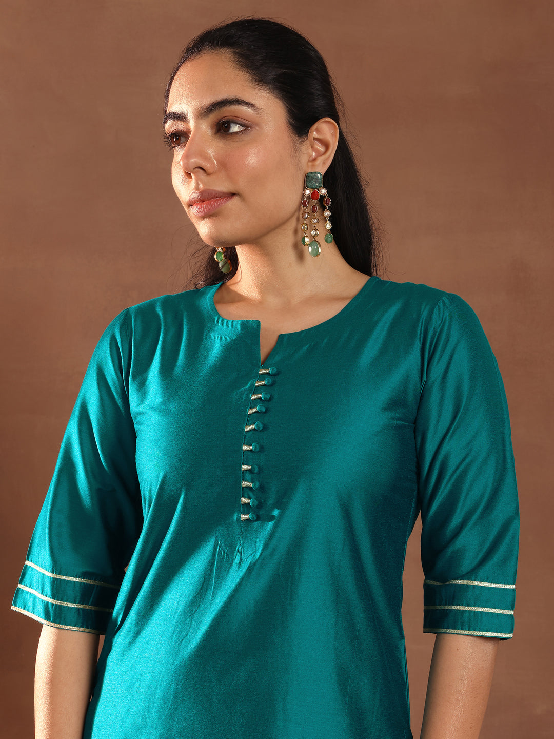 Teal Solid Silk Blend Straight Suit Set With Dupatta