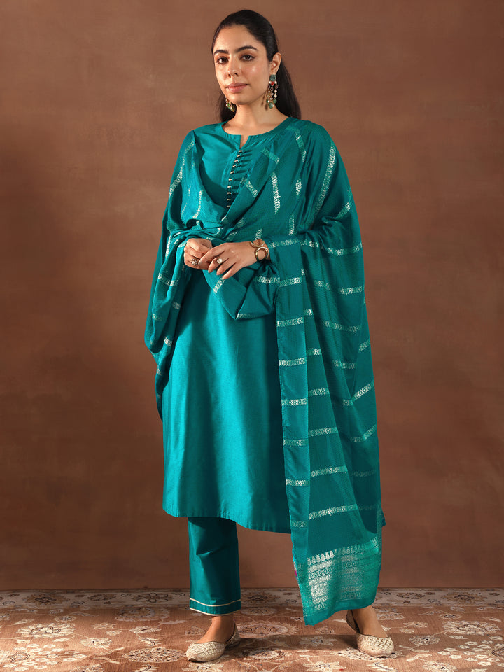 Teal Solid Silk Blend Straight Suit Set With Dupatta