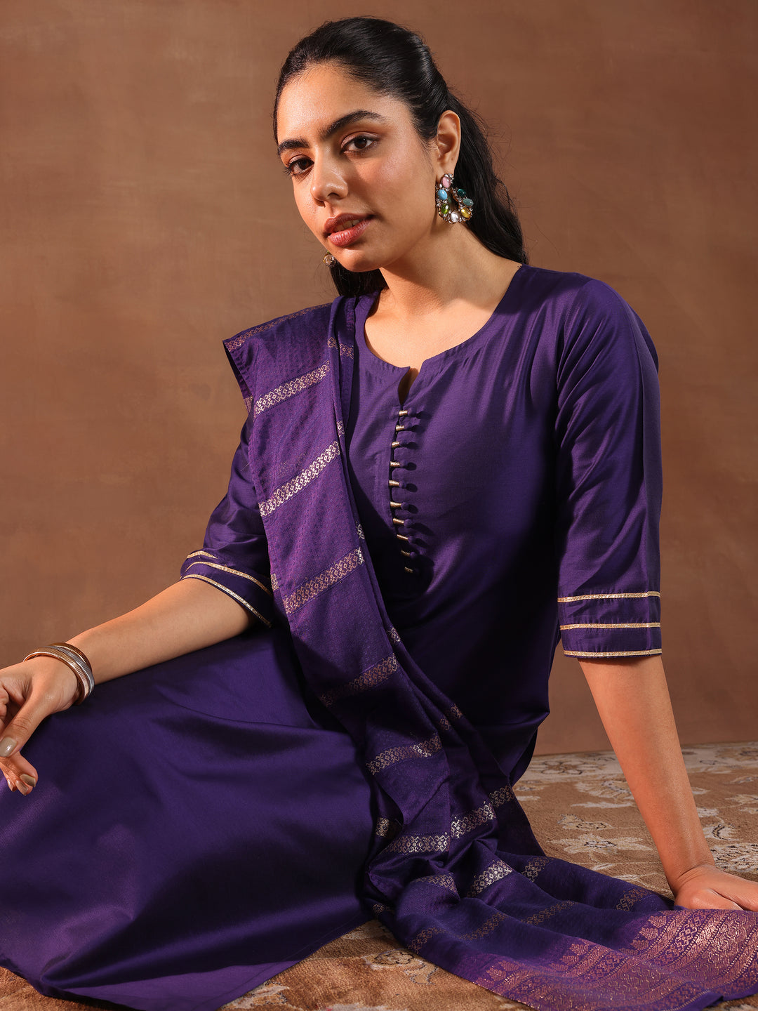 Purple Solid Silk Blend Straight Suit Set With Dupatta