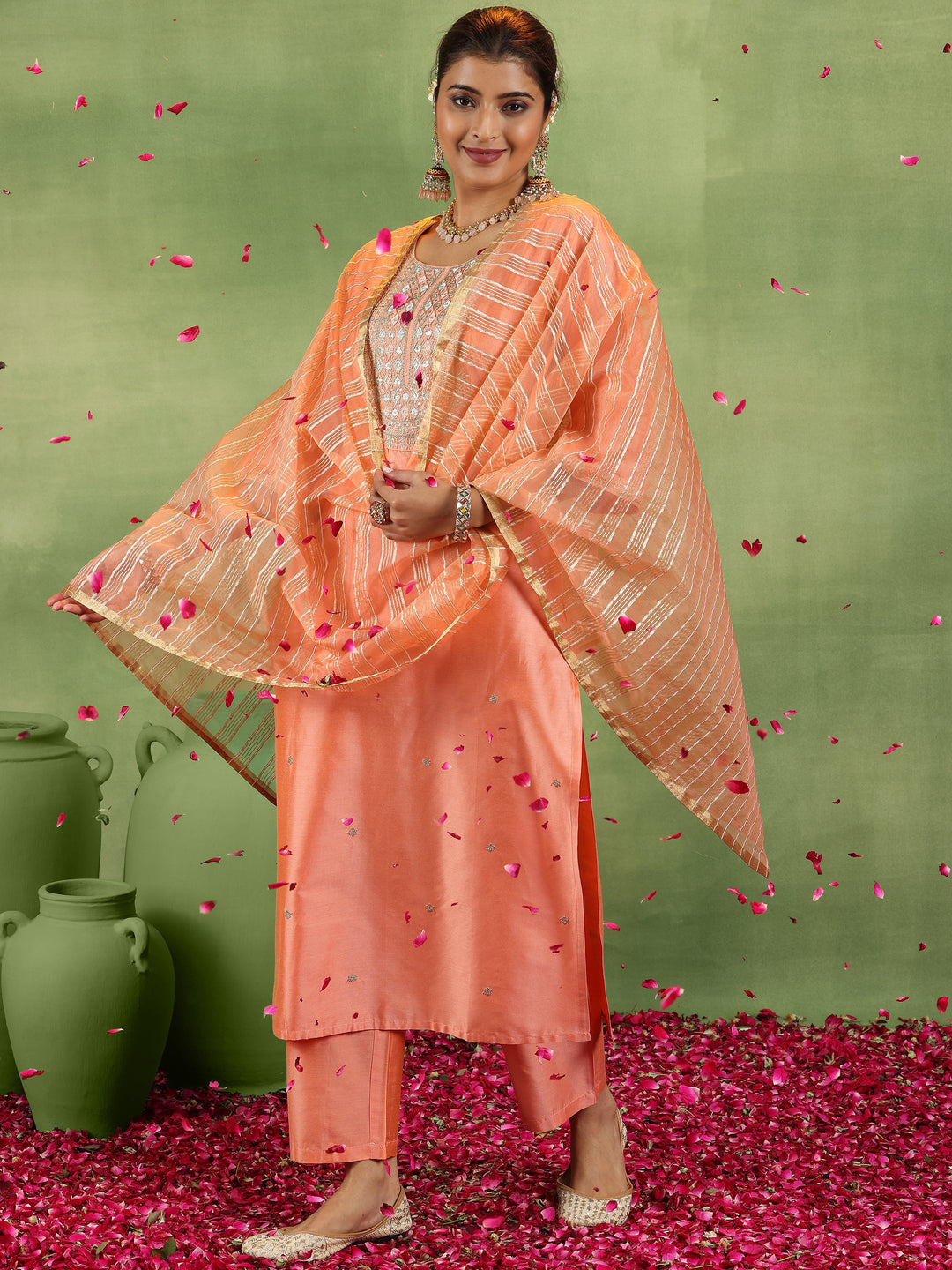 Peach Embroidered Silk Blend Straight Suit With Dupatta