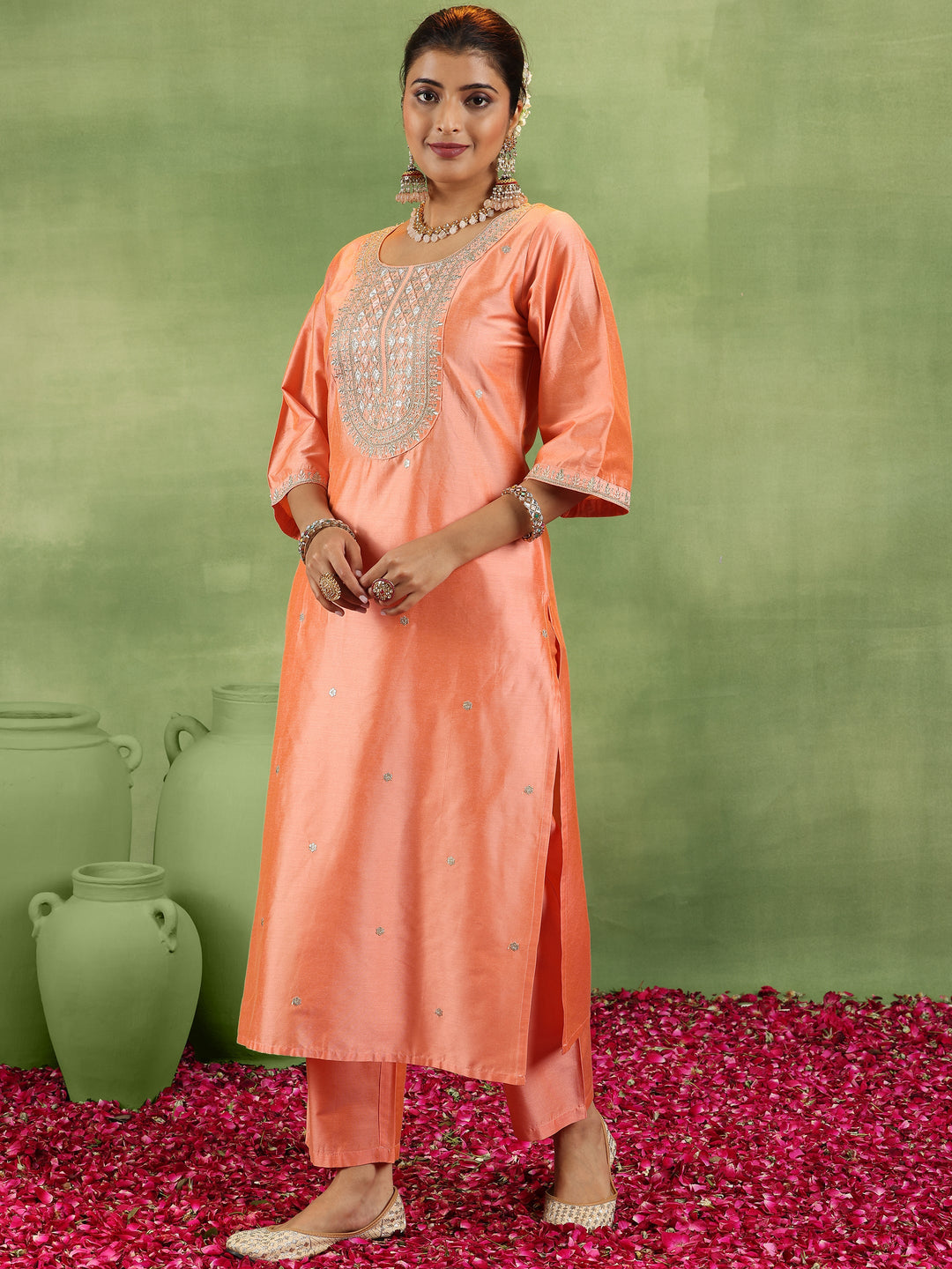 Peach Embroidered Silk Blend Straight Suit With Dupatta