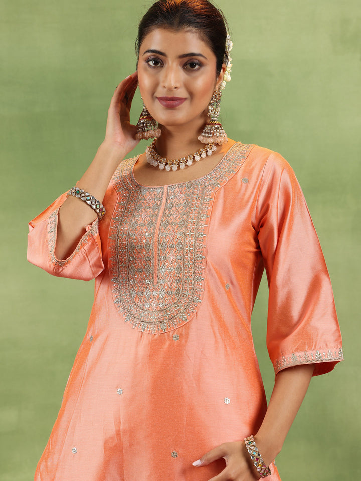 Peach Embroidered Silk Blend Straight Suit With Dupatta