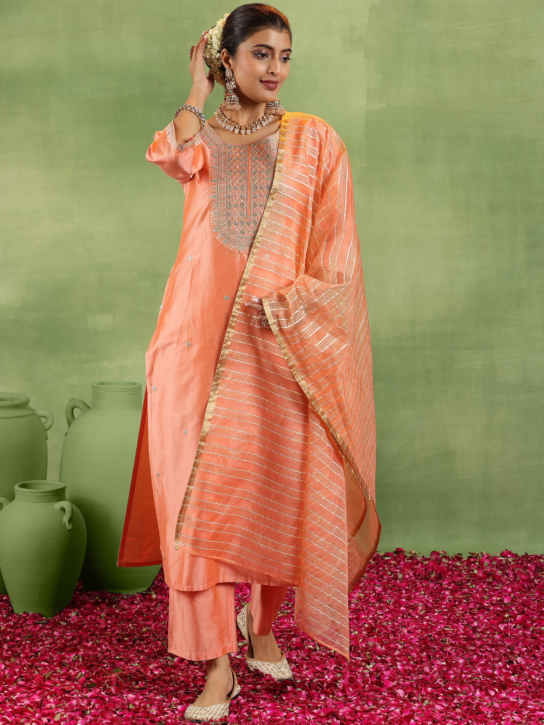 Peach Embroidered Silk Blend Straight Suit With Dupatta