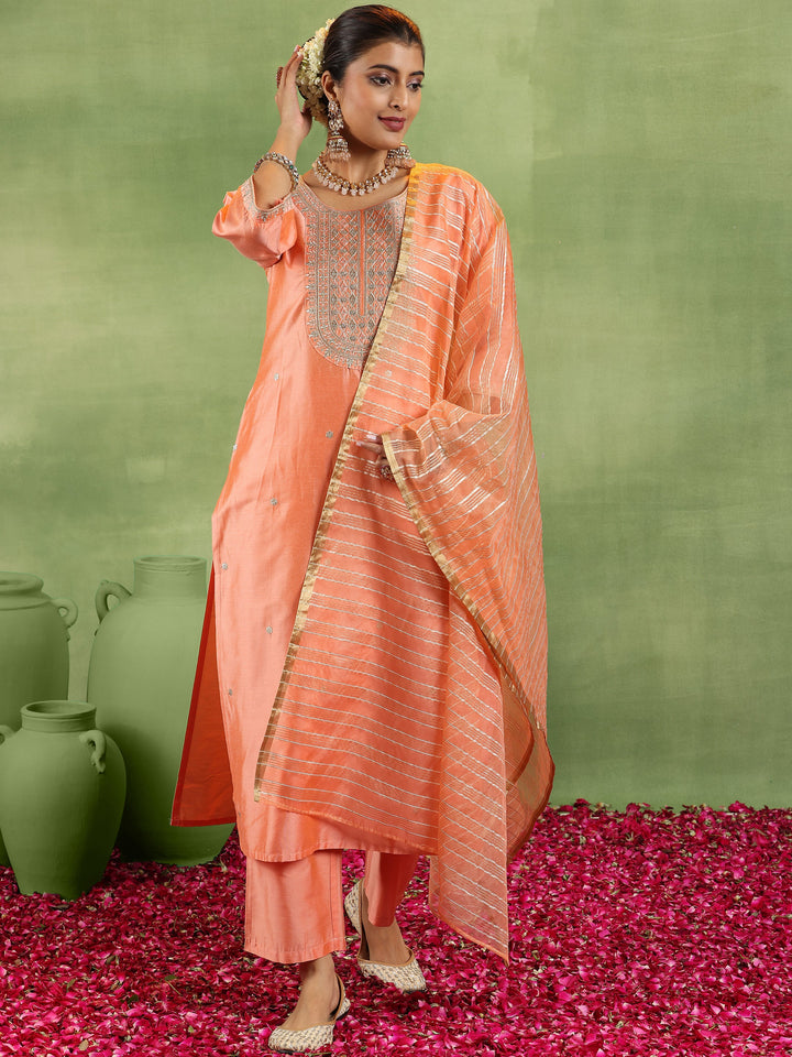 Peach Embroidered Silk Blend Straight Suit With Dupatta