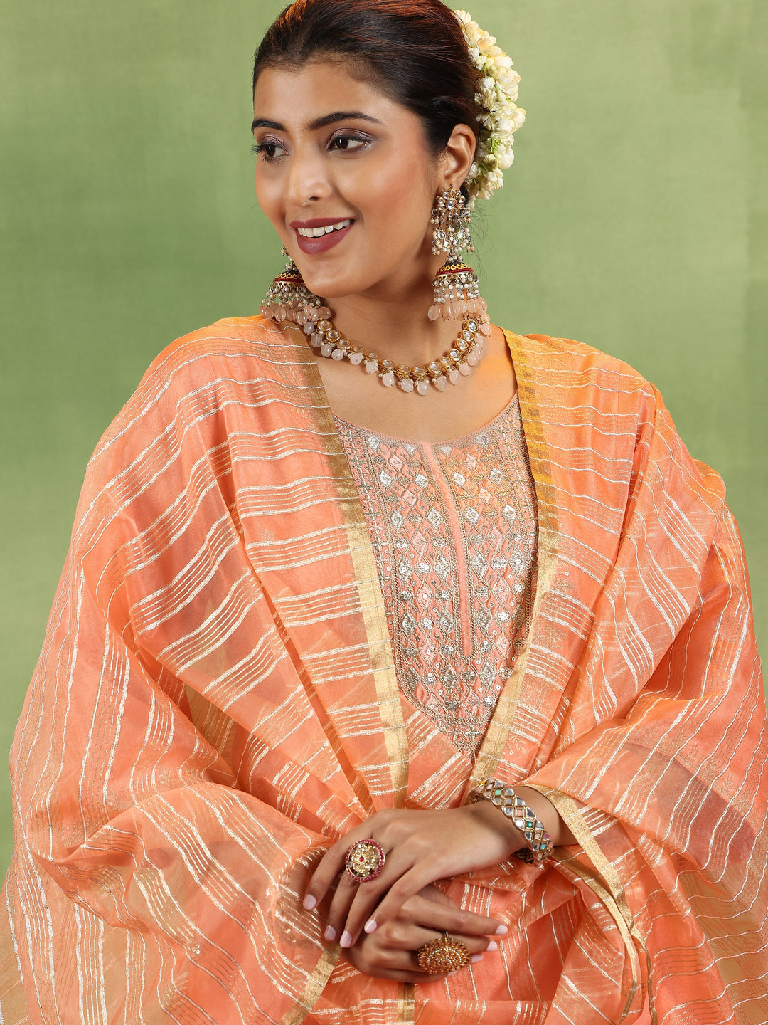 Peach Embroidered Silk Blend Straight Suit With Dupatta