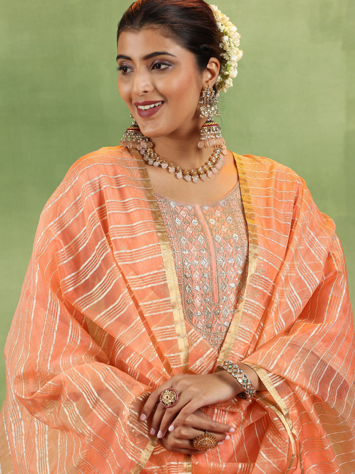 Peach Embroidered Silk Blend Straight Suit With Dupatta