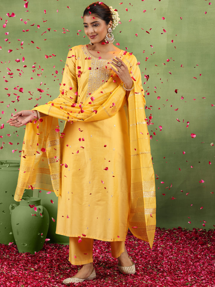 Yellow Embroidered Silk Blend Straight Suit With Dupatta