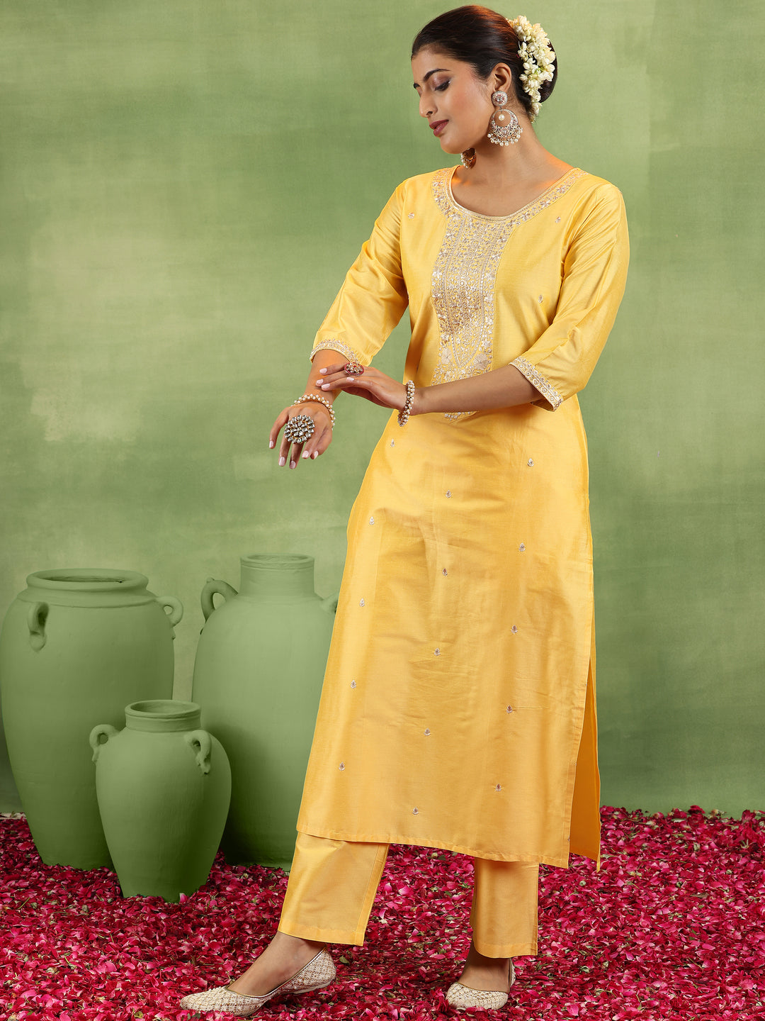 Yellow Embroidered Silk Blend Straight Suit With Dupatta