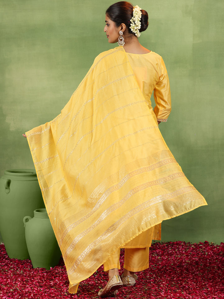 Yellow Embroidered Silk Blend Straight Suit With Dupatta