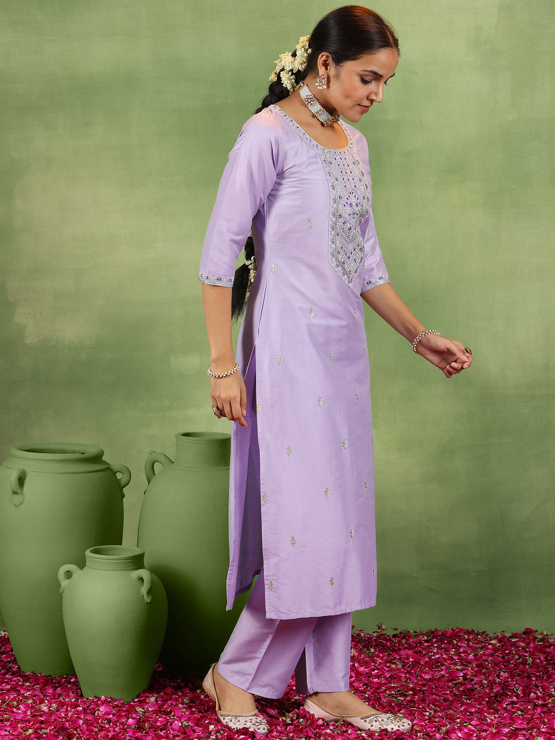 Lavender Embroidered Silk Blend Straight Suit With Dupatta