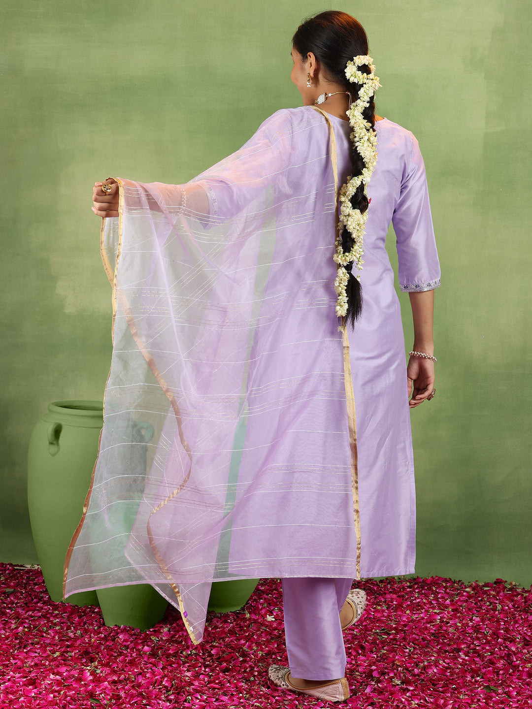 Lavender Embroidered Silk Blend Straight Suit With Dupatta