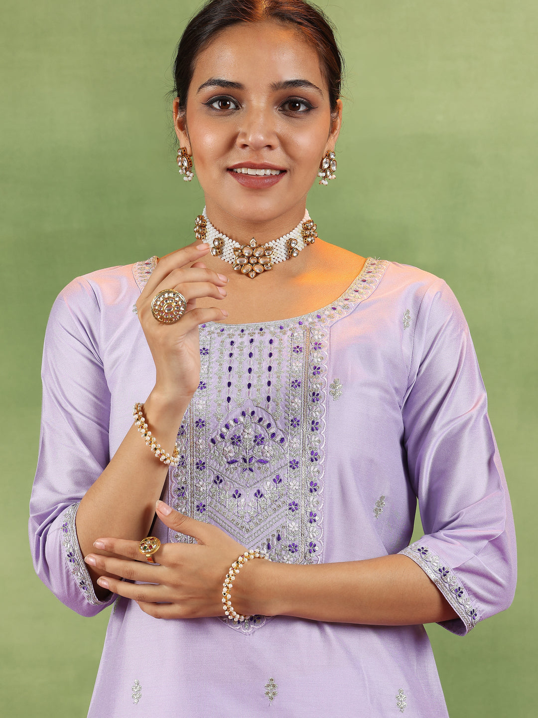 Lavender Embroidered Silk Blend Straight Suit With Dupatta