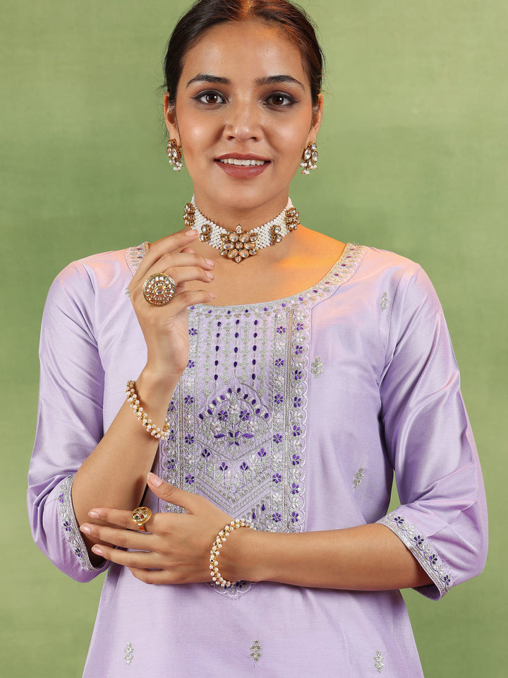Lavender Embroidered Silk Blend Straight Suit With Dupatta