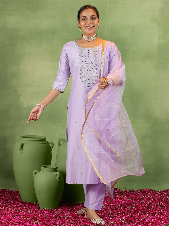 Lavender Embroidered Silk Blend Straight Suit With Dupatta