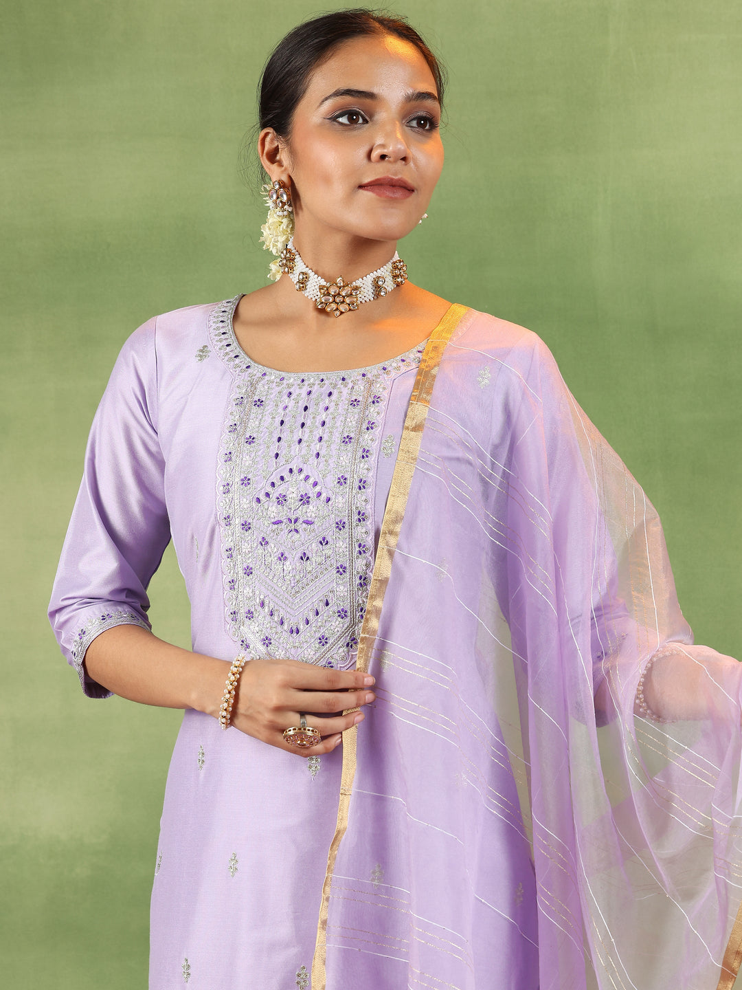 Lavender Embroidered Silk Blend Straight Suit With Dupatta