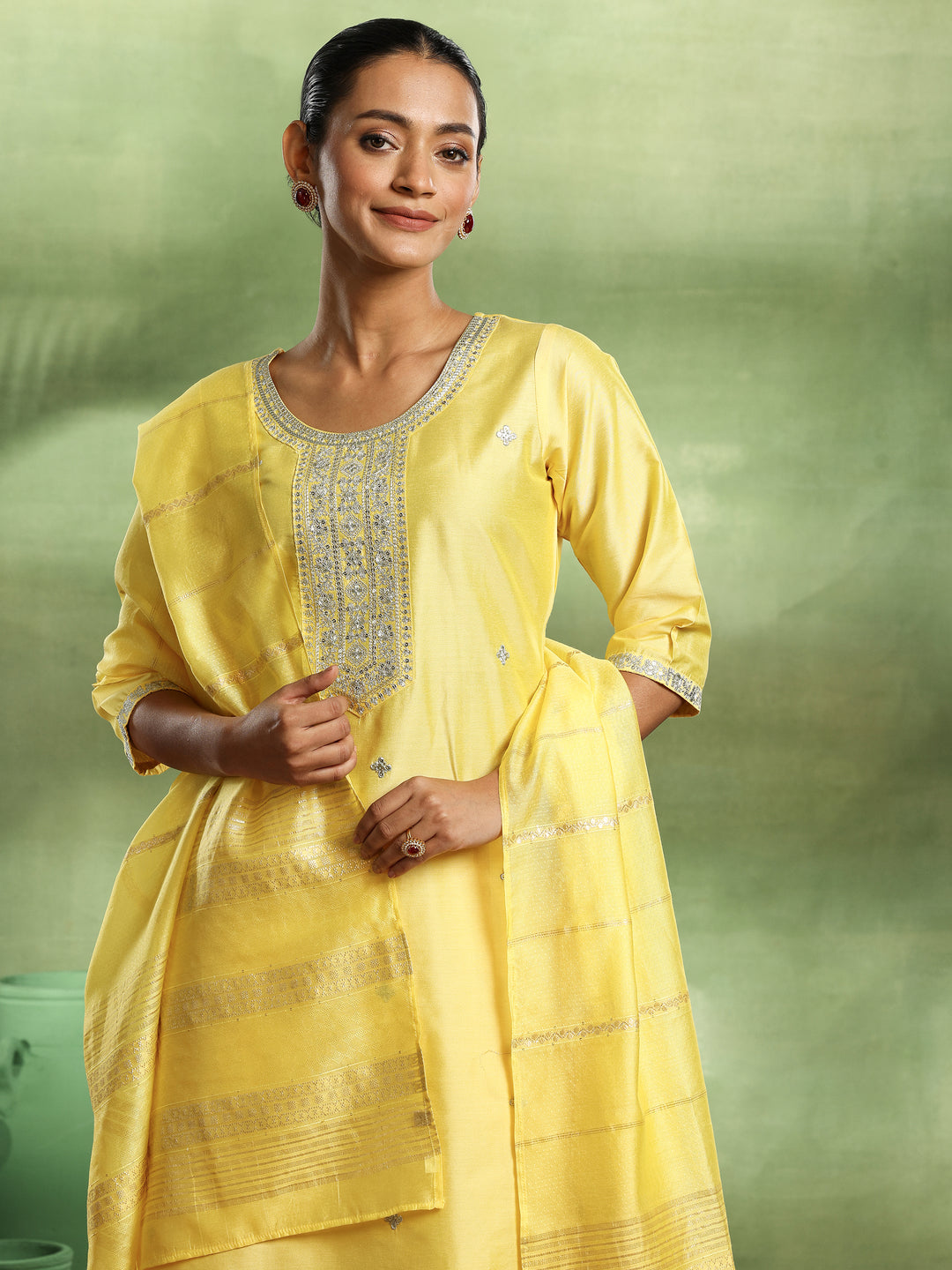 Yellow Embroidered Silk Blend Straight Suit With Dupatta