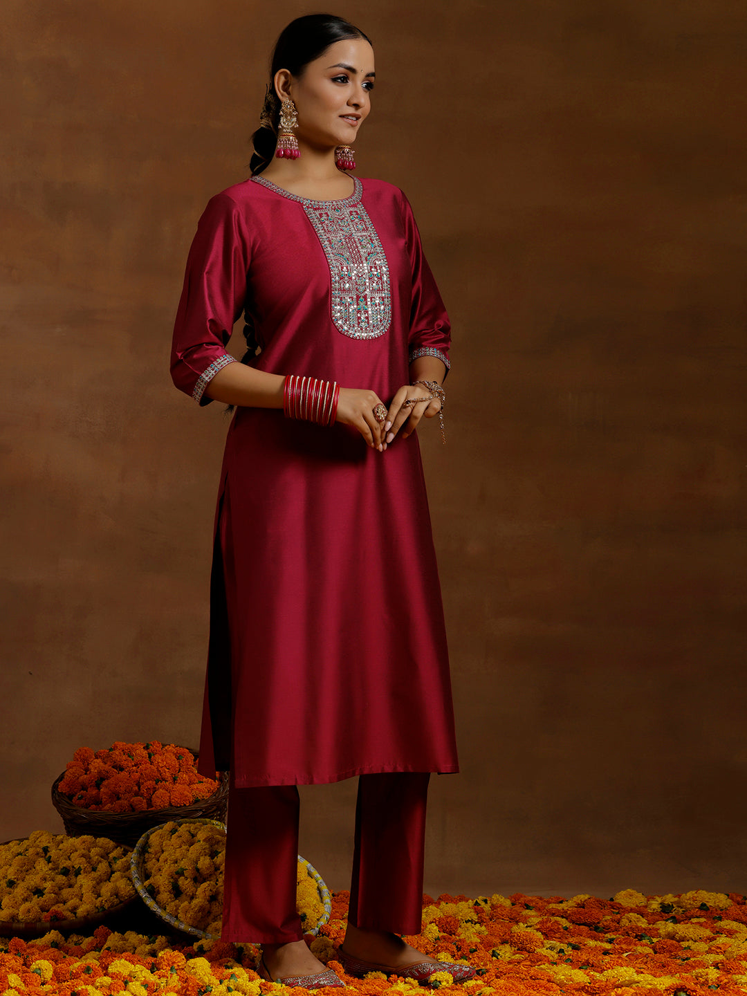 Pink Yoke Design Silk Blend Straight Suit With Dupatta