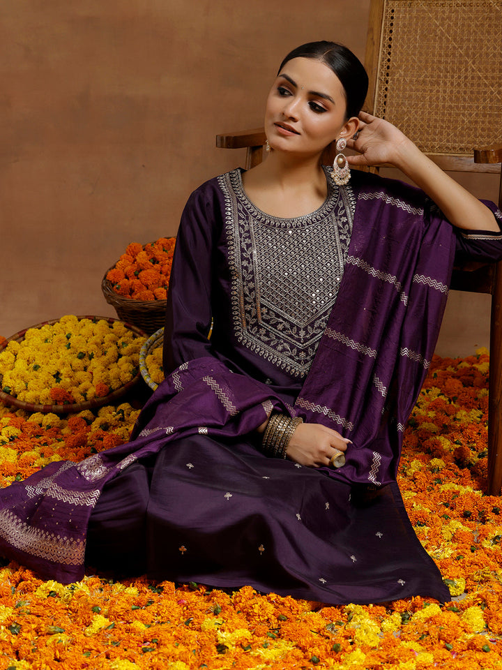 Purple Yoke Design Silk Blend Straight Suit With Dupatta