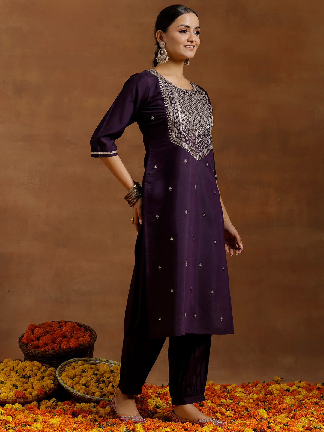 Purple Yoke Design Silk Blend Straight Suit With Dupatta