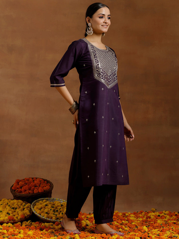 Purple Yoke Design Silk Blend Straight Suit With Dupatta