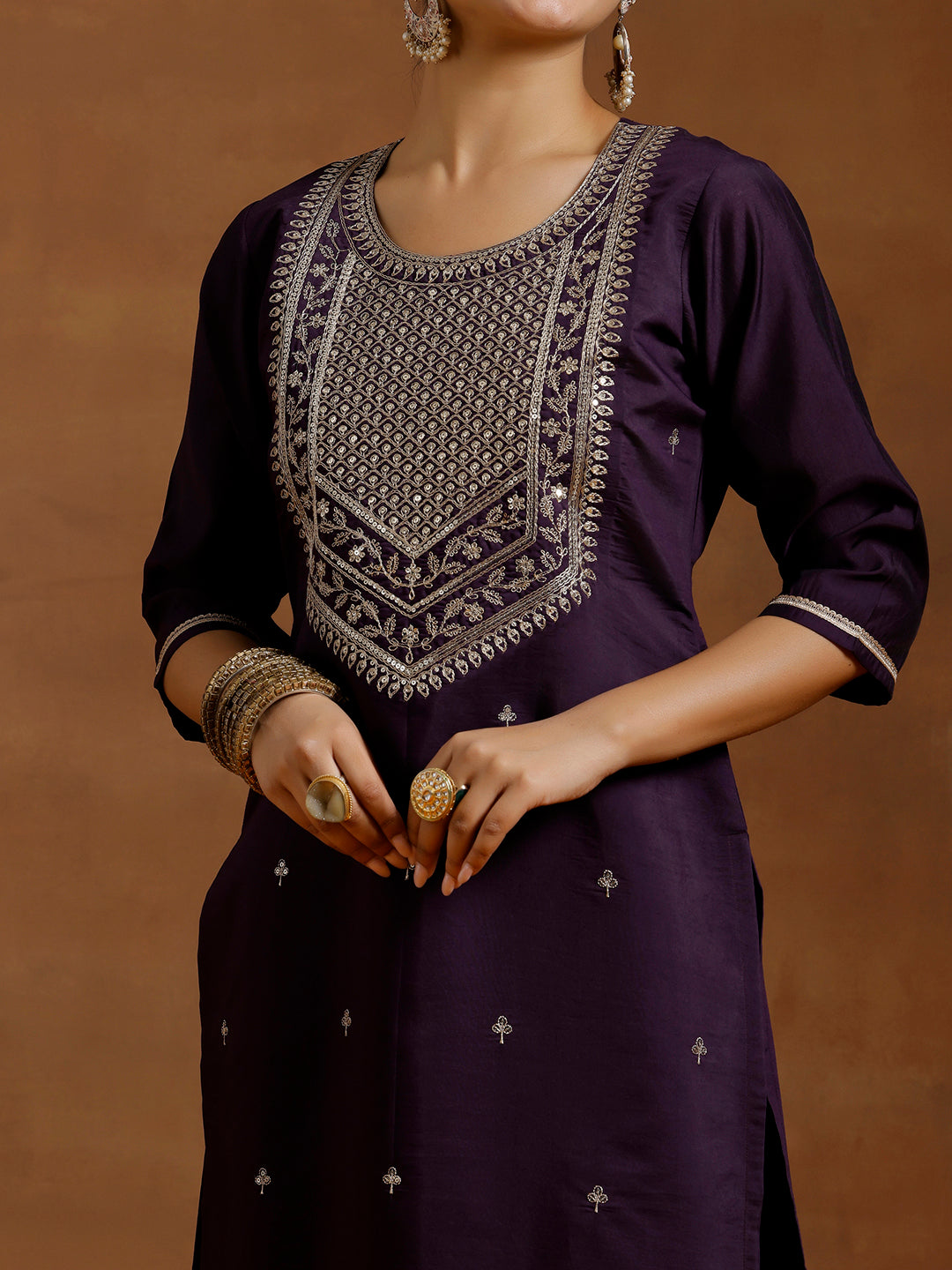 Purple Yoke Design Silk Blend Straight Suit With Dupatta