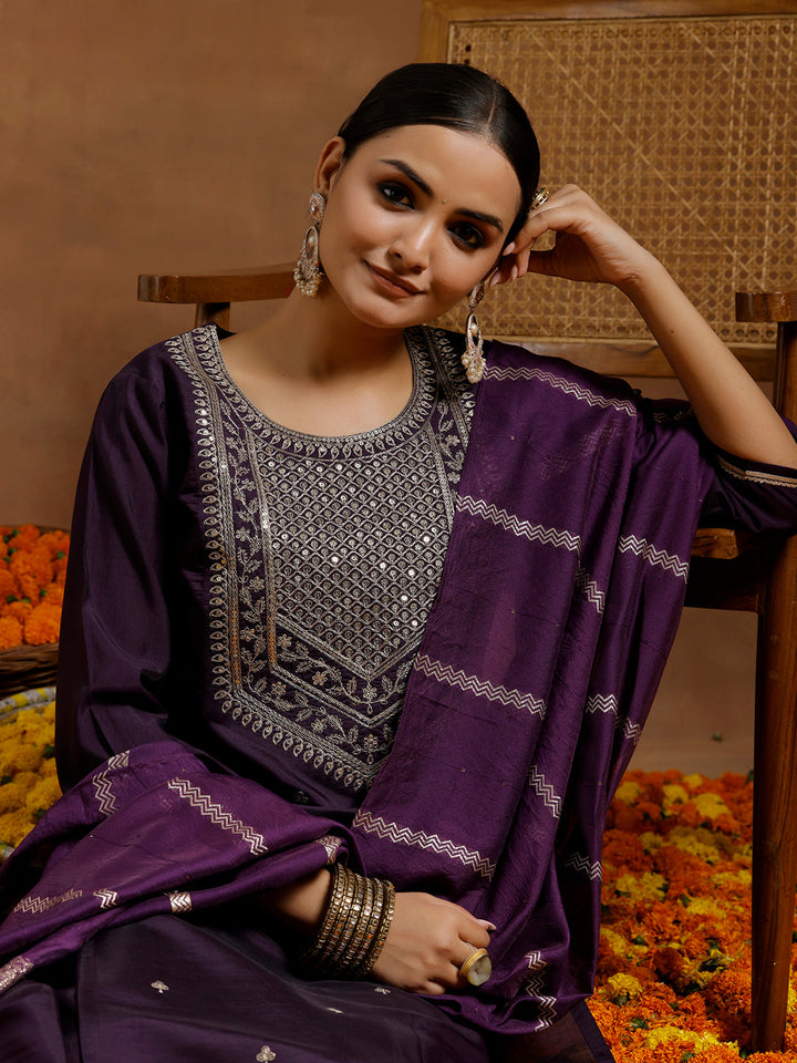 Purple Yoke Design Silk Blend Straight Suit With Dupatta