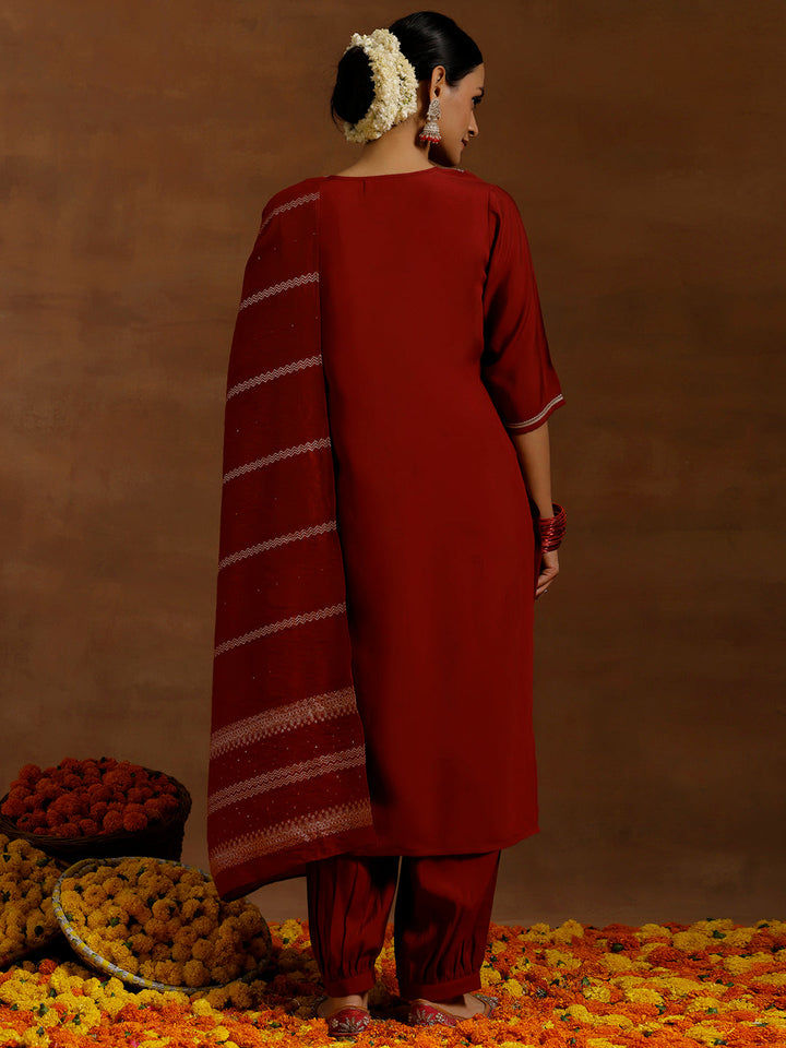 Maroon Yoke Design Silk Blend Straight Suit With Dupatta