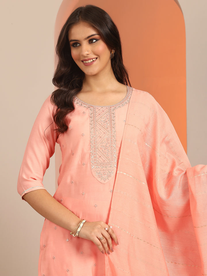 Peach Yoke Design Silk Blend Straight Suit With Dupatta