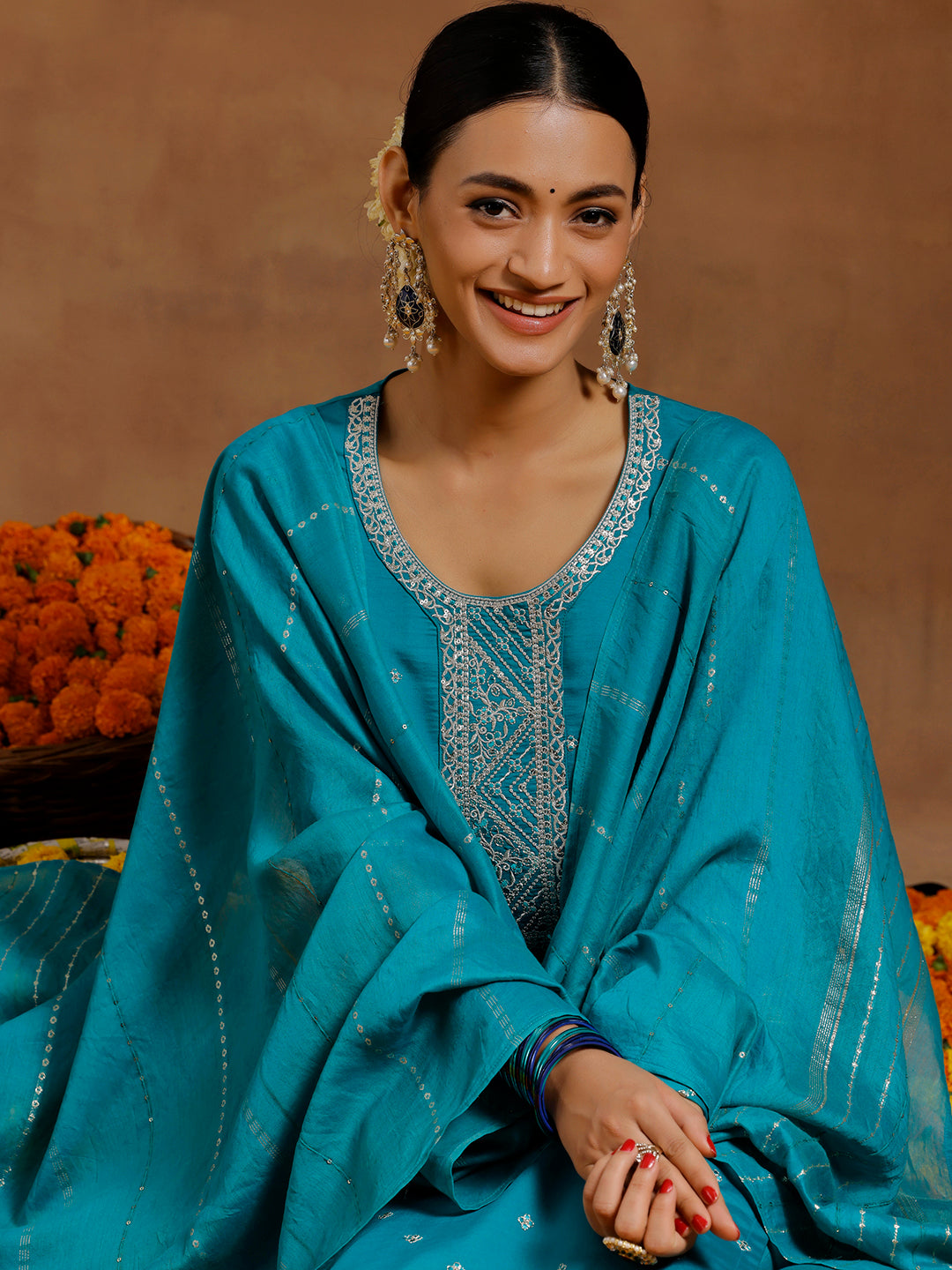 Green Yoke Design Silk Blend Straight Suit With Dupatta