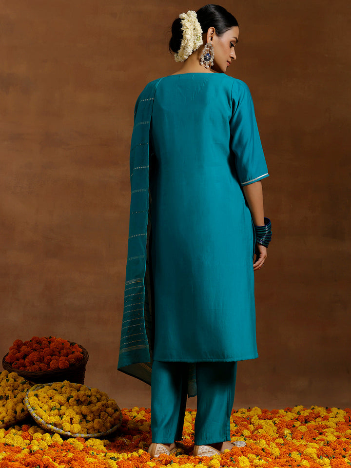 Green Yoke Design Silk Blend Straight Suit With Dupatta