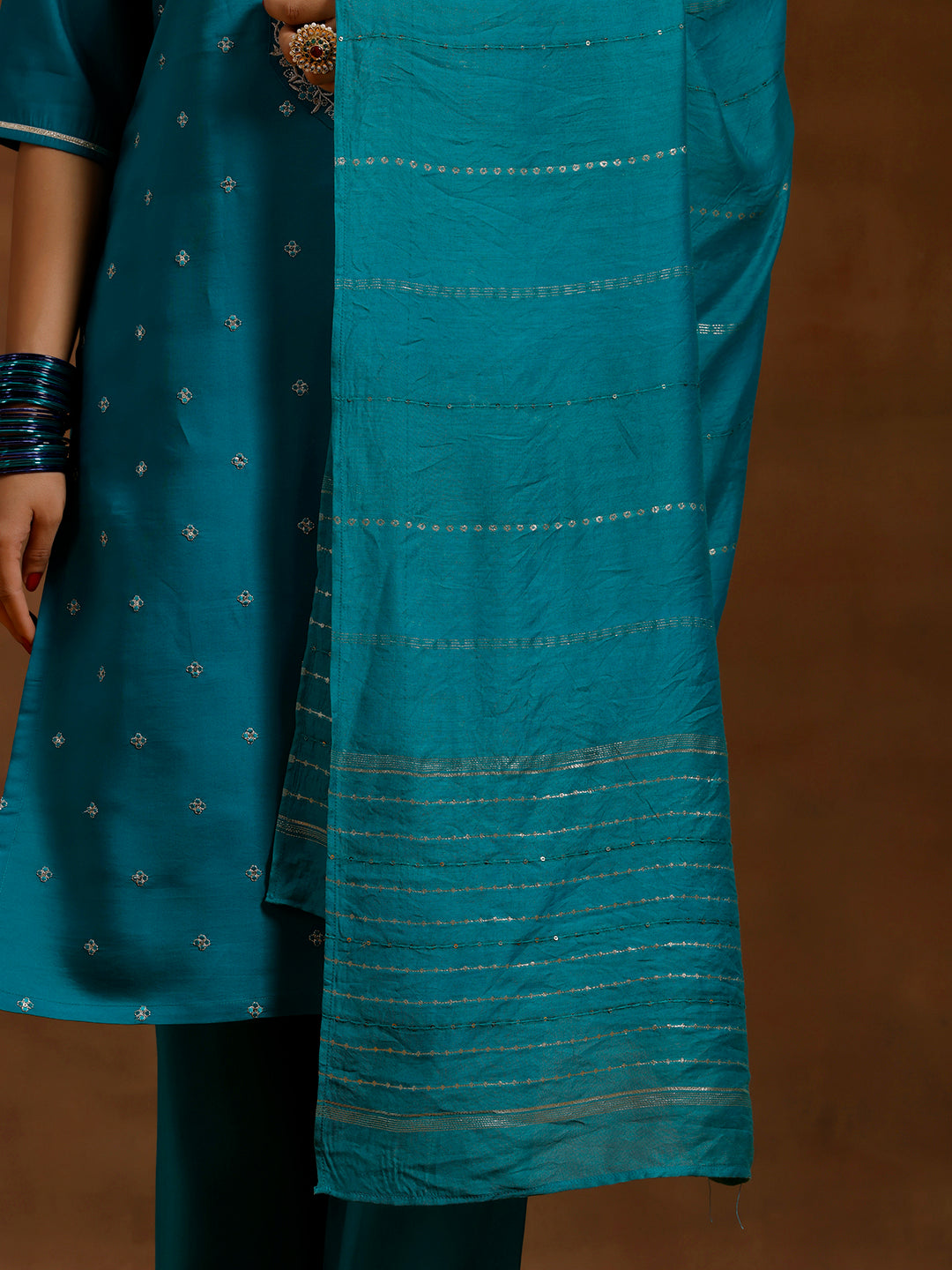 Green Yoke Design Silk Blend Straight Suit With Dupatta