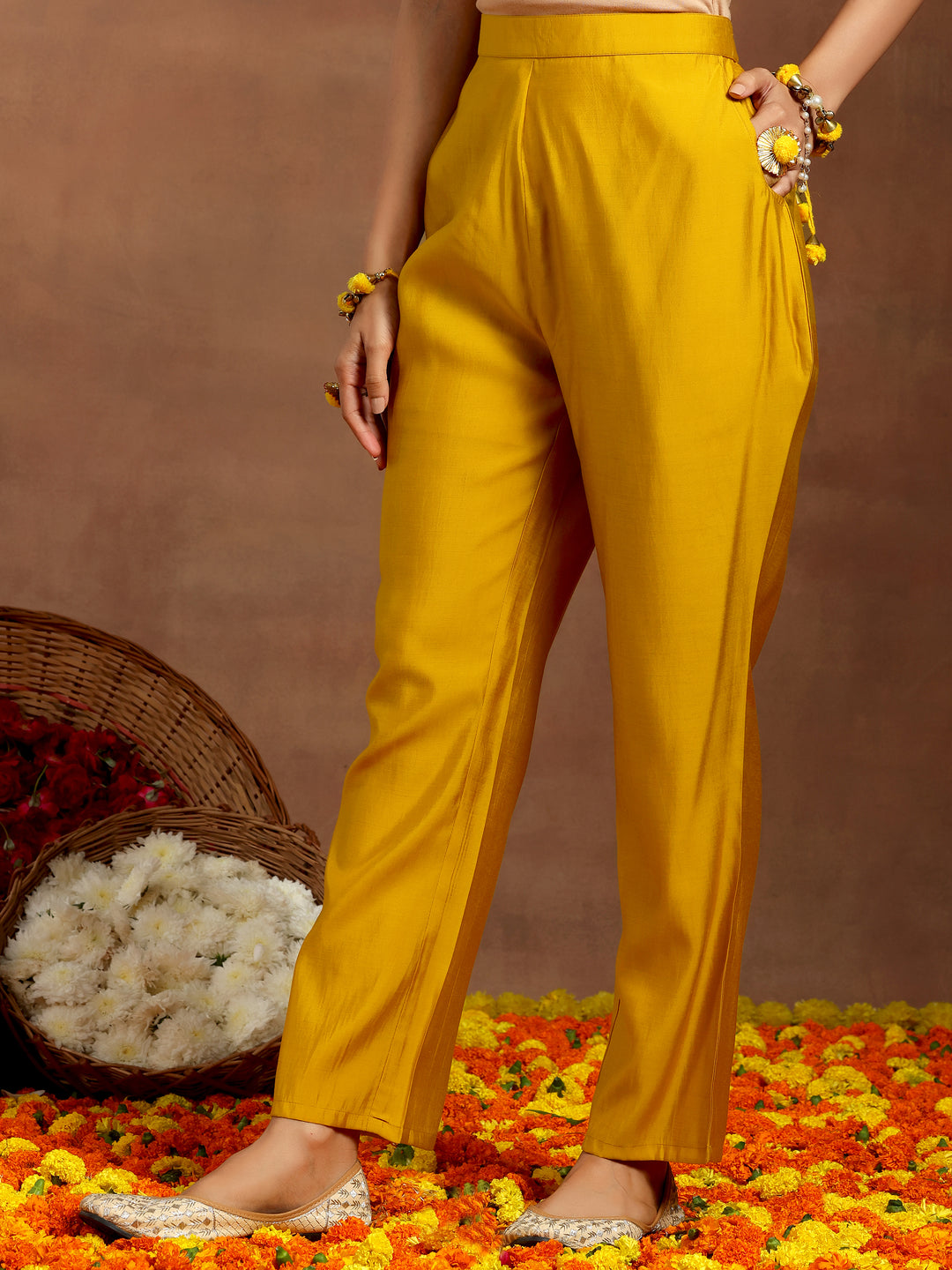 Mustard Yoke Design Silk Blend Straight Suit With Dupatta