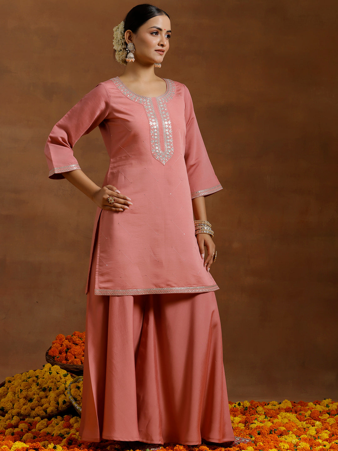 Peach Yoke Design Silk Blend Straight Suit With Dupatta