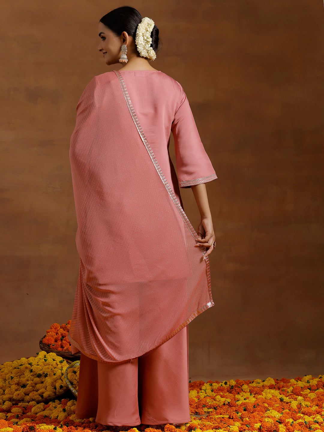 Peach Yoke Design Silk Blend Straight Suit With Dupatta