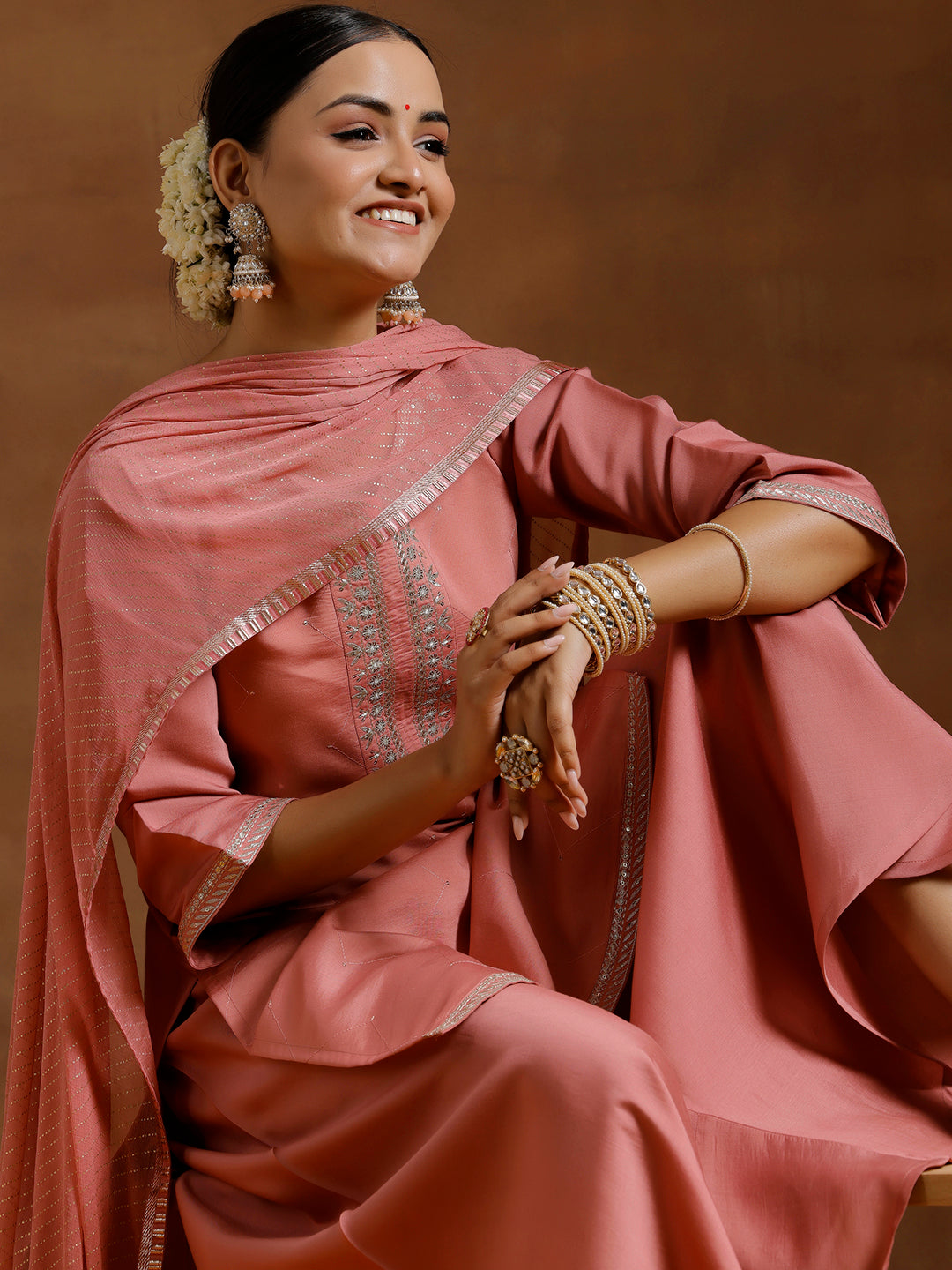 Peach Yoke Design Silk Blend Straight Suit With Dupatta