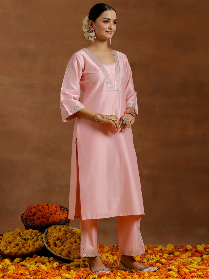 Peach Yoke Design Silk Blend Straight Suit With Dupatta