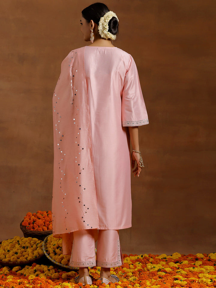 Peach Yoke Design Silk Blend Straight Suit With Dupatta