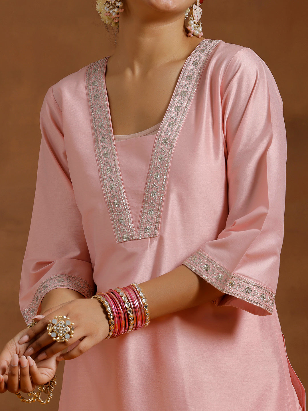 Peach Yoke Design Silk Blend Straight Suit With Dupatta