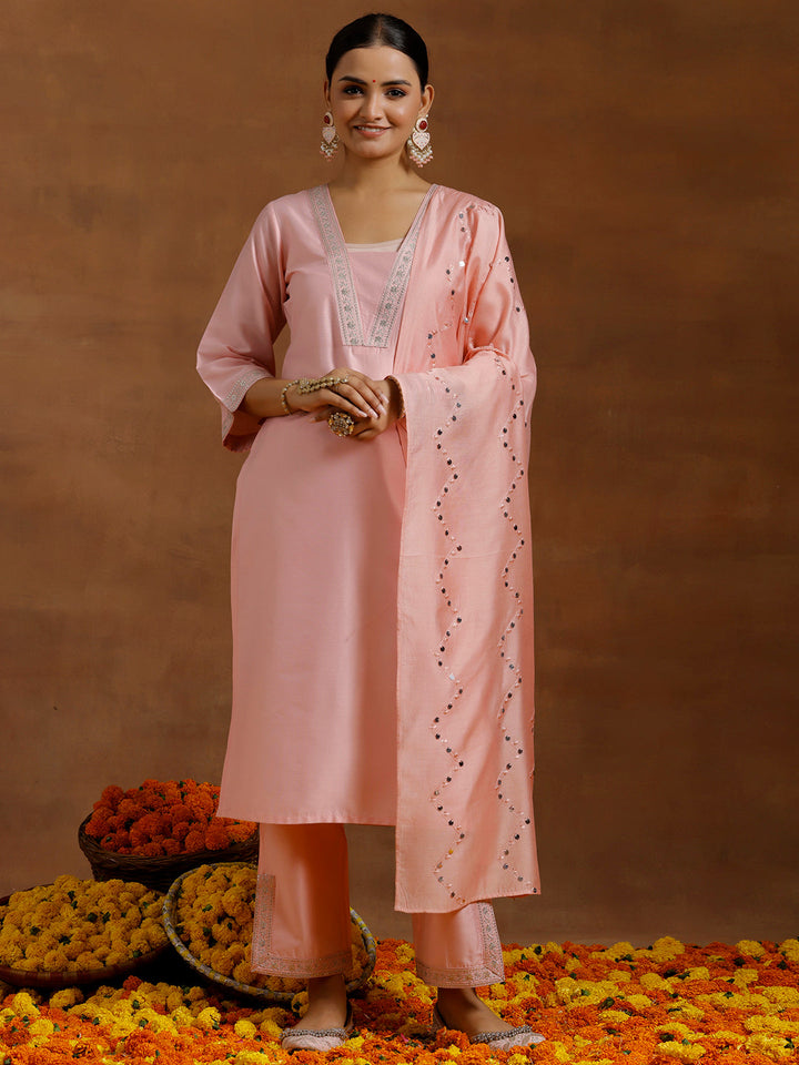 Peach Yoke Design Silk Blend Straight Suit With Dupatta