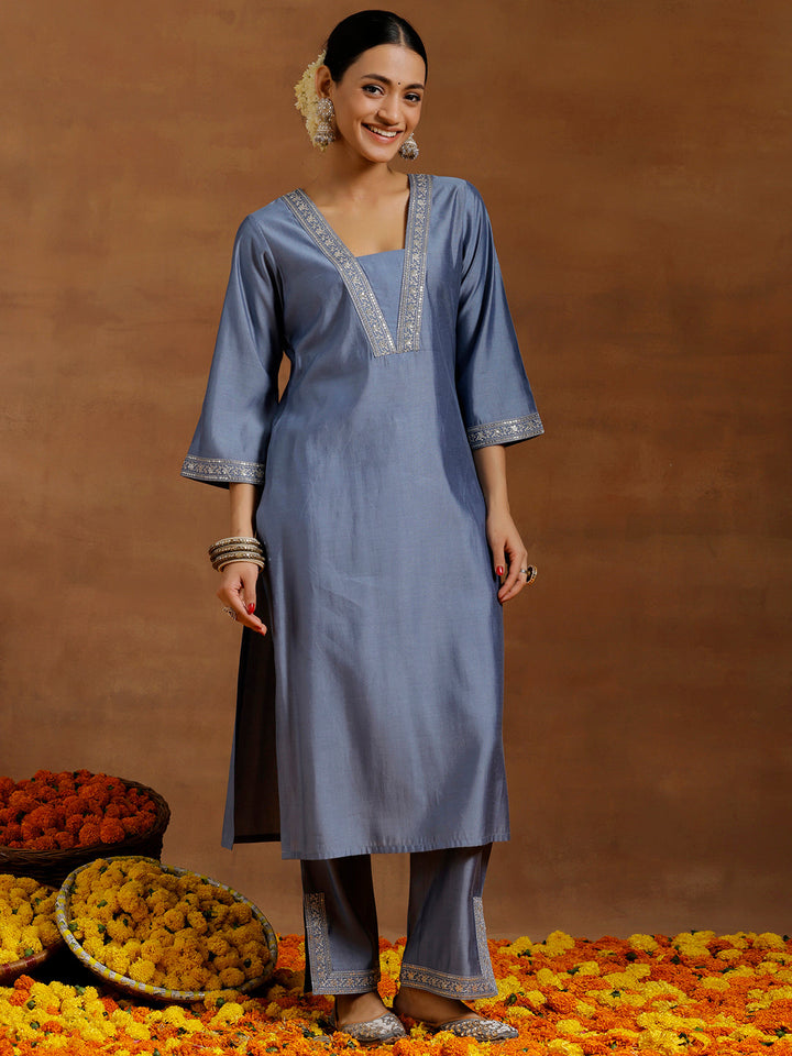 Grey Yoke Design Silk Blend Straight Suit With Dupatta