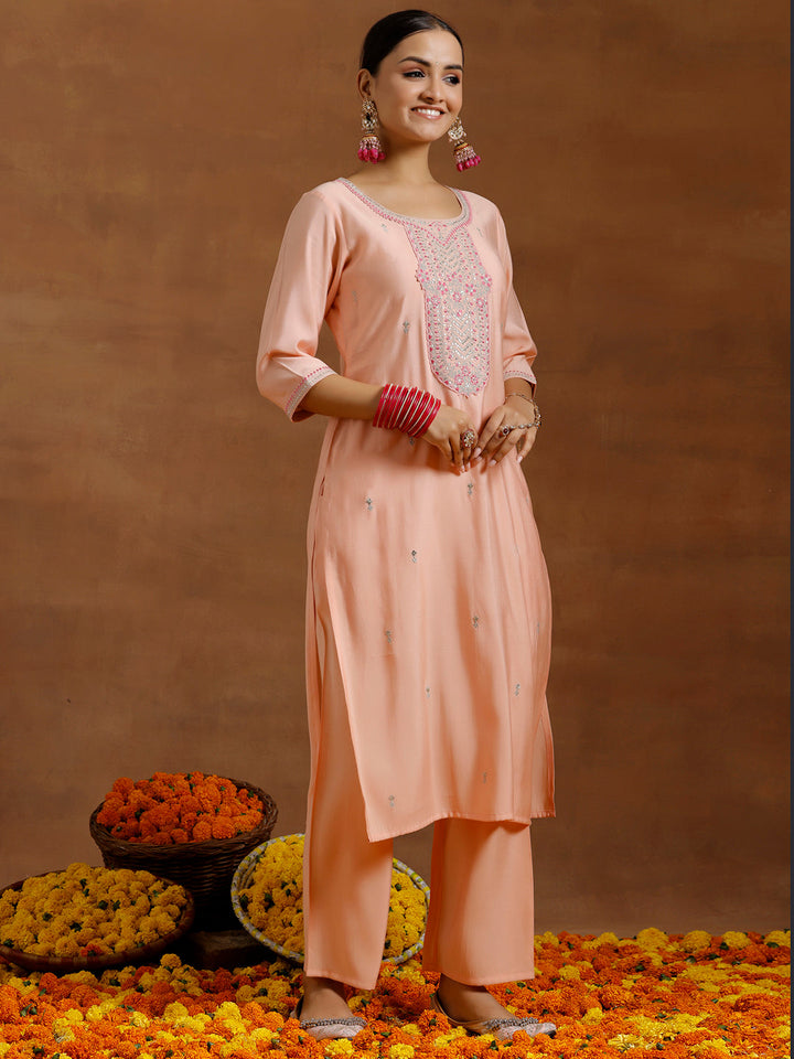 Peach Yoke Design Silk Blend Straight Suit With Dupatta