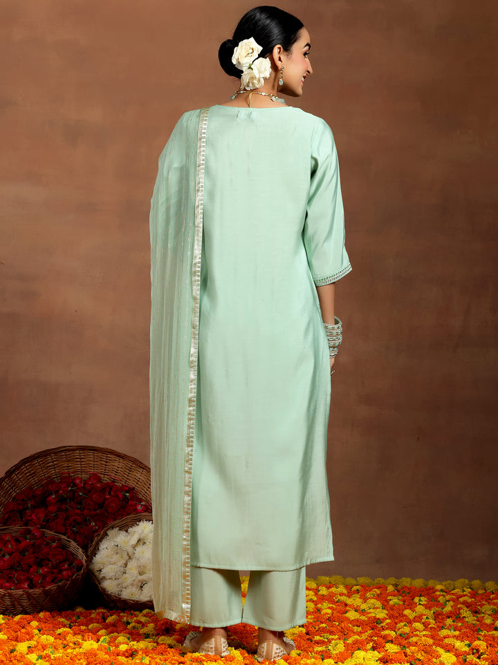 Sea Green Yoke Design Silk Blend Straight Suit With Dupatta