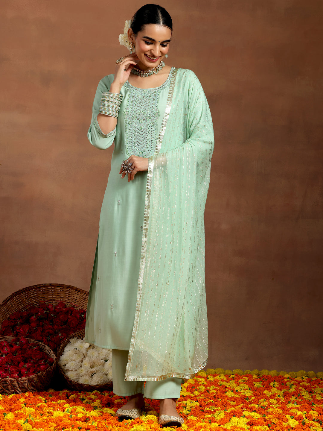 Sea Green Yoke Design Silk Blend Straight Suit With Dupatta