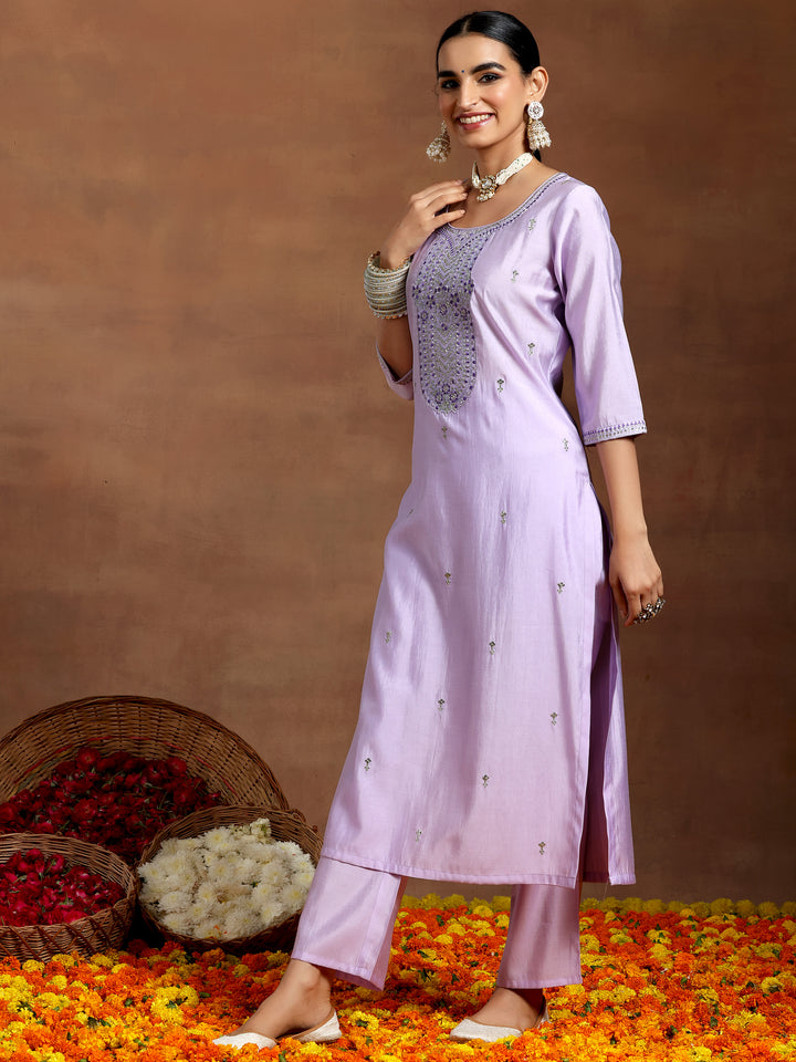 Lavender Embroidered Silk Blend Straight Suit With Dupatta
