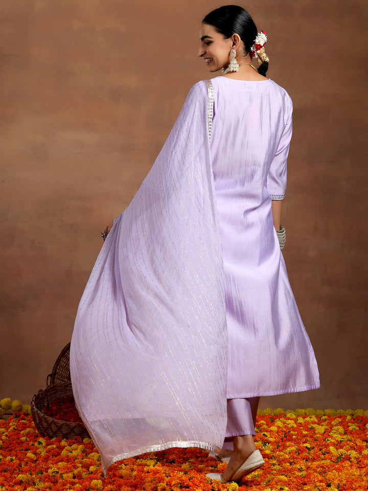 Lavender Embroidered Silk Blend Straight Suit With Dupatta
