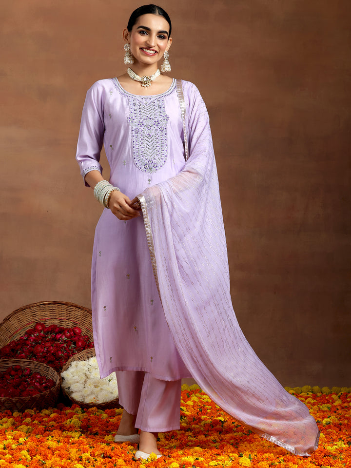 Lavender Embroidered Silk Blend Straight Suit With Dupatta