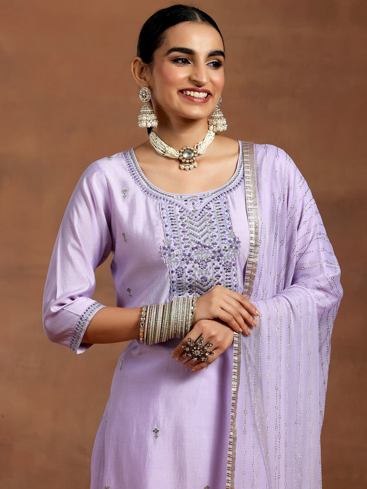Lavender Embroidered Silk Blend Straight Suit With Dupatta
