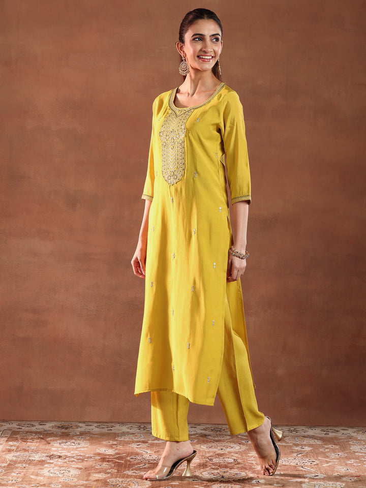 Yellow Yoke Design Silk Blend Straight Suit With Dupatta