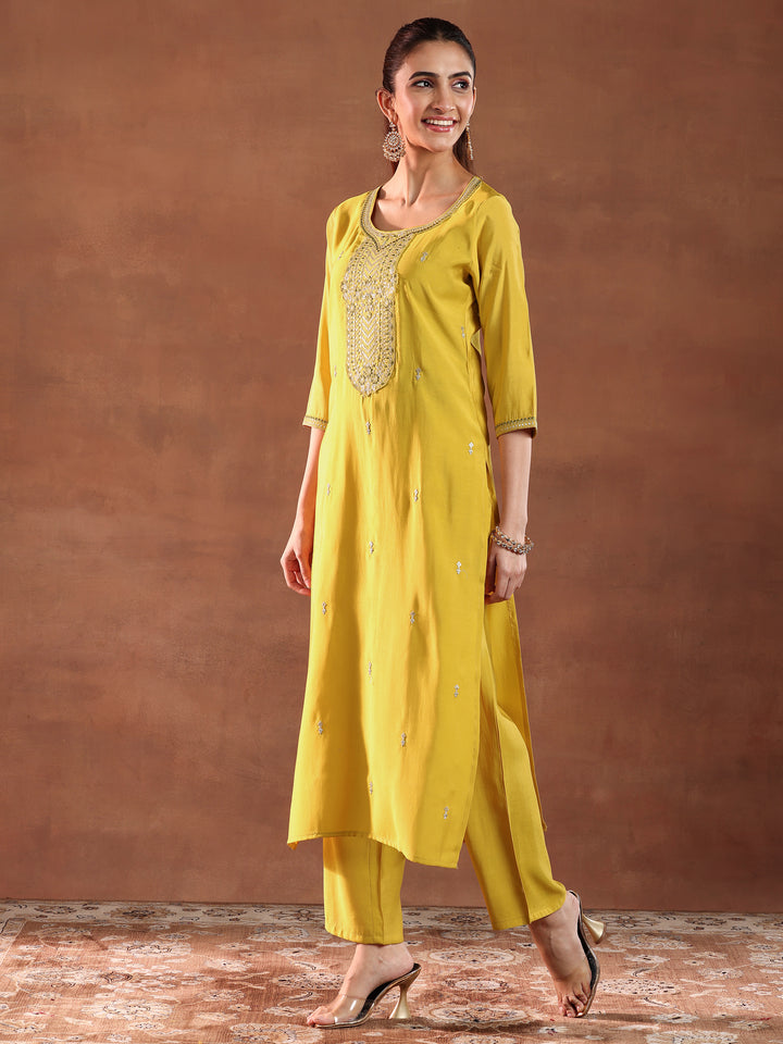 Yellow Yoke Design Silk Blend Straight Suit With Dupatta