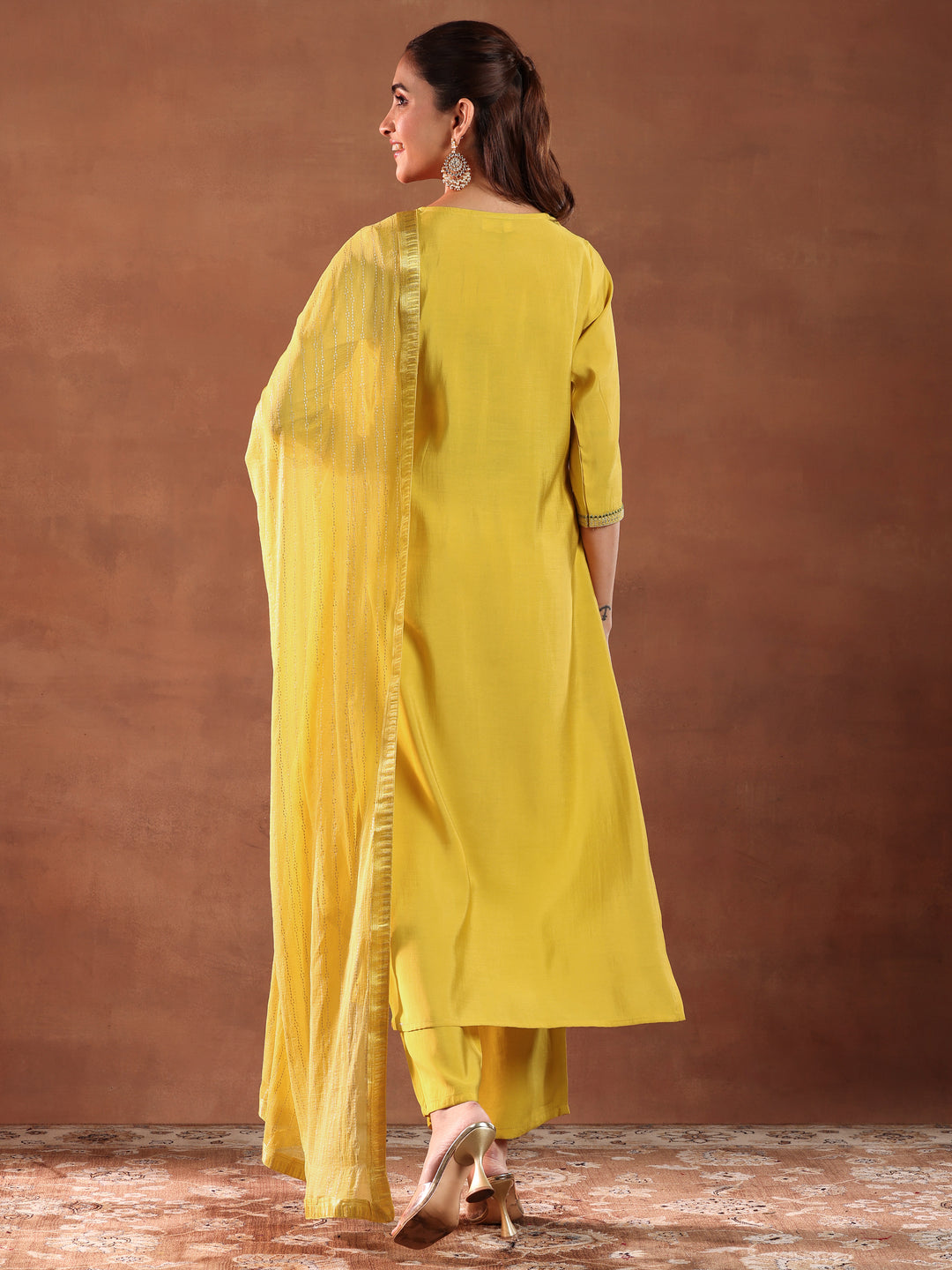 Yellow Yoke Design Silk Blend Straight Suit With Dupatta